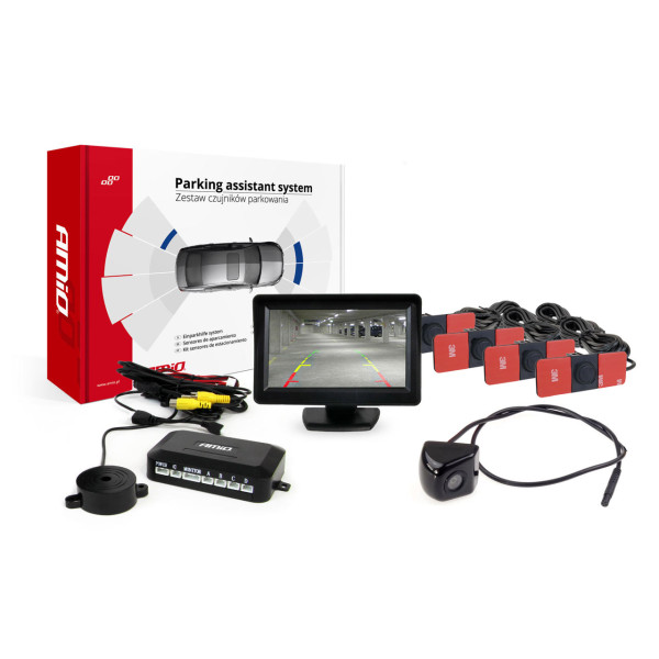 Pysäköintitutkajärjestelmä TFT01 4.3" HD-310-kameralla, 4 mustaa anturia, sisäasennus