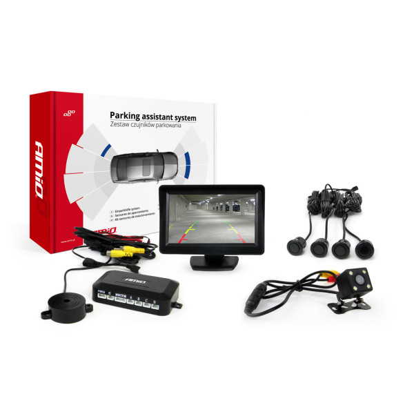 Pysäköintitutkajärjestelmä TFT01 4.3" HD 315 LED -kameralla, 4 mustalla sensorilla GOLD 18 mm