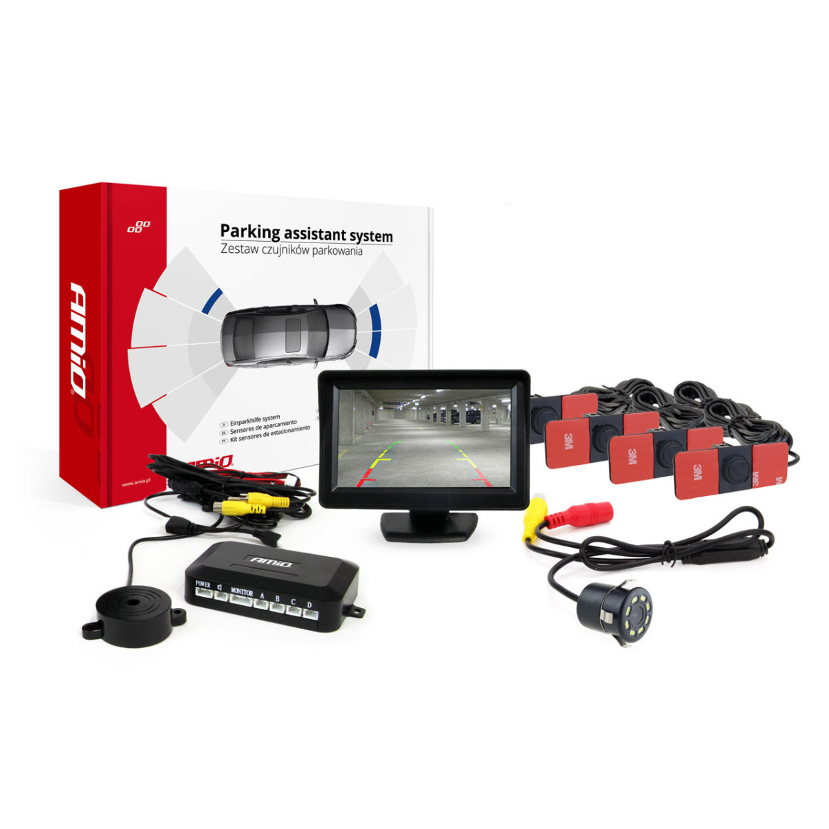 Pysäköintitutkajärjestelmä TFT01 4.3" HD 315 LED -kameralla, 4 mustaa anturia, sisäasennus