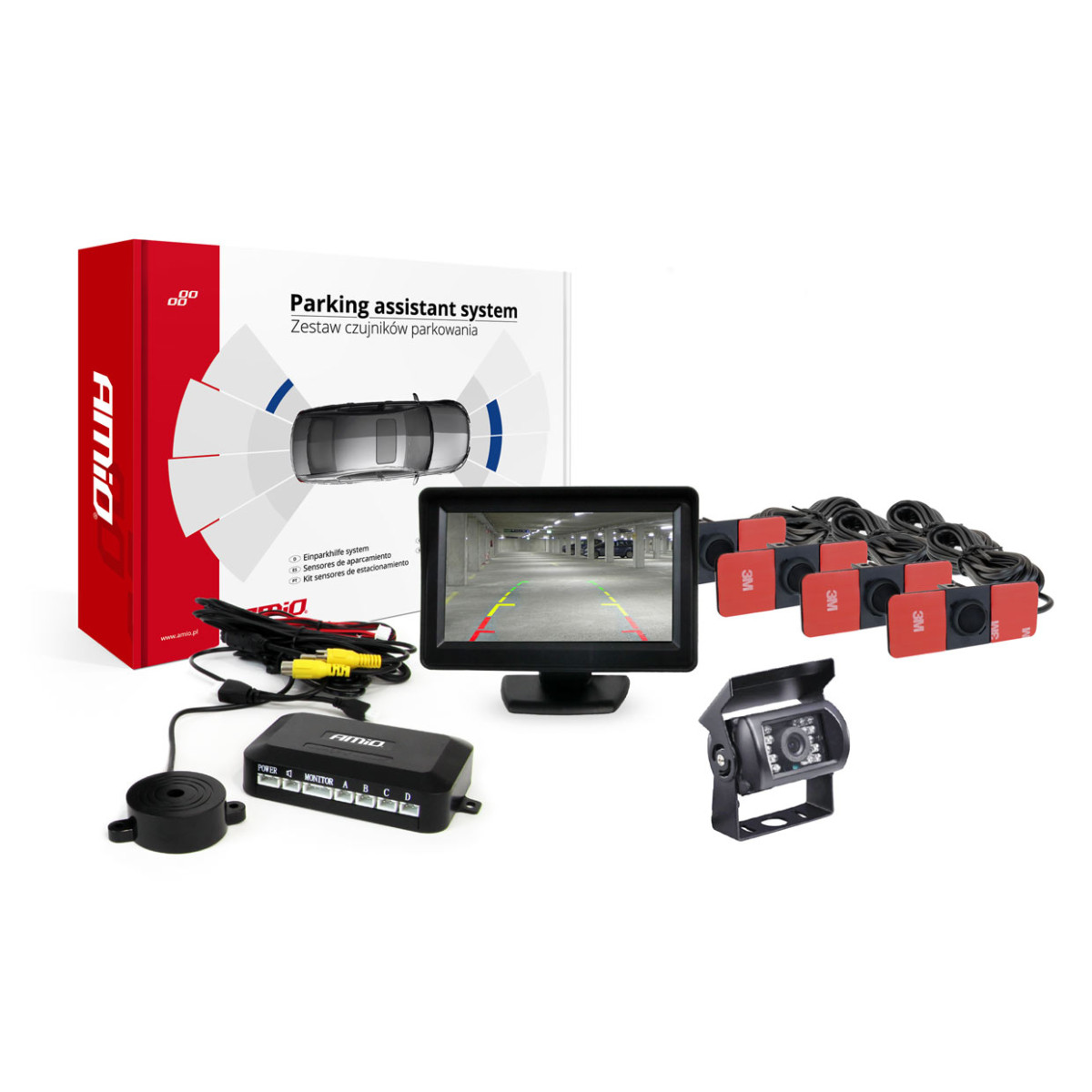 Pysäköintitutkajärjestelmä TFT01 4.3" HD-501-IR-kameralla, 4 mustaa anturia, sisäasennus