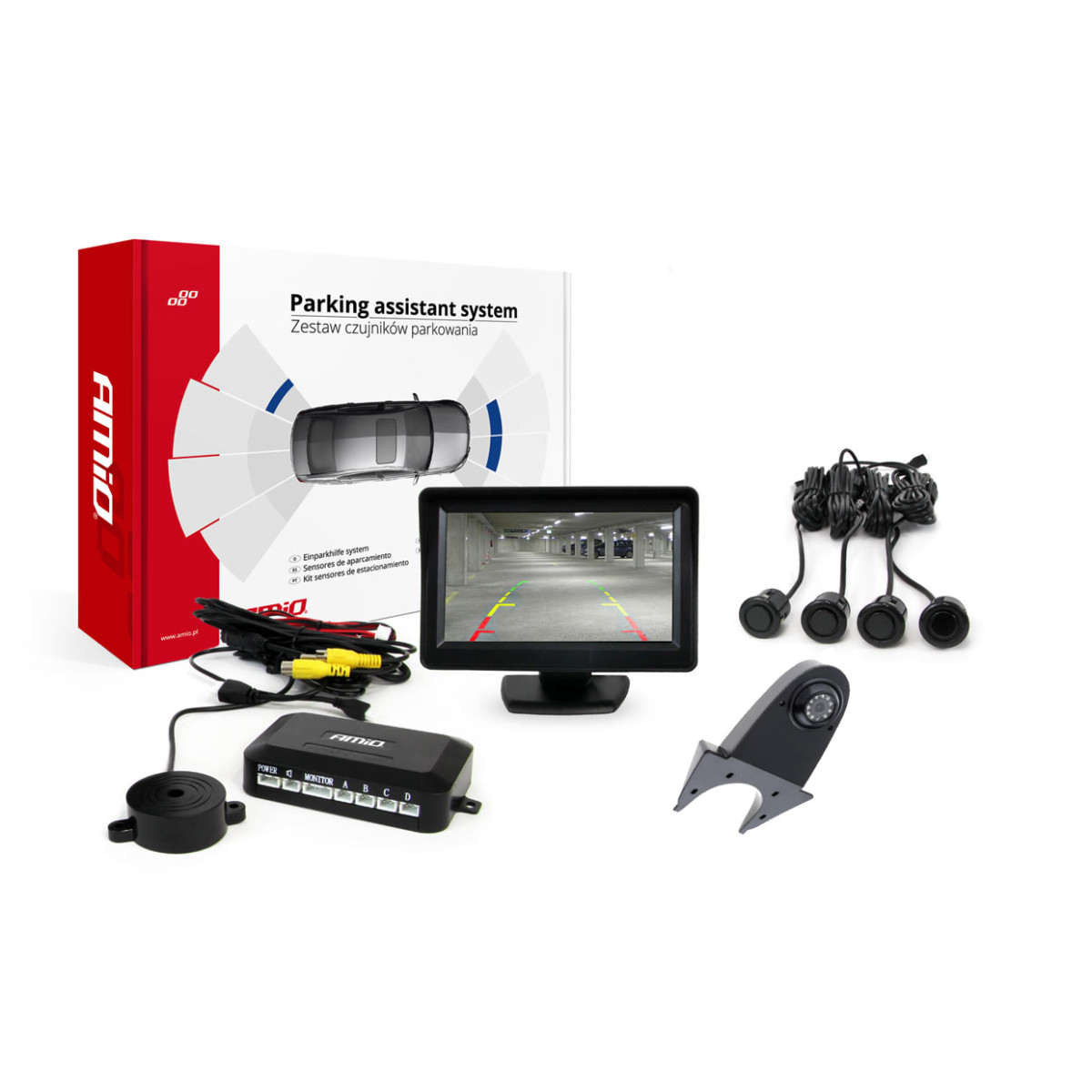 Pysäköintitutkajärjestelmä TFT01 4.3" HD-502-IR-kameralla, 4 mustalla sensorilla, GOLD