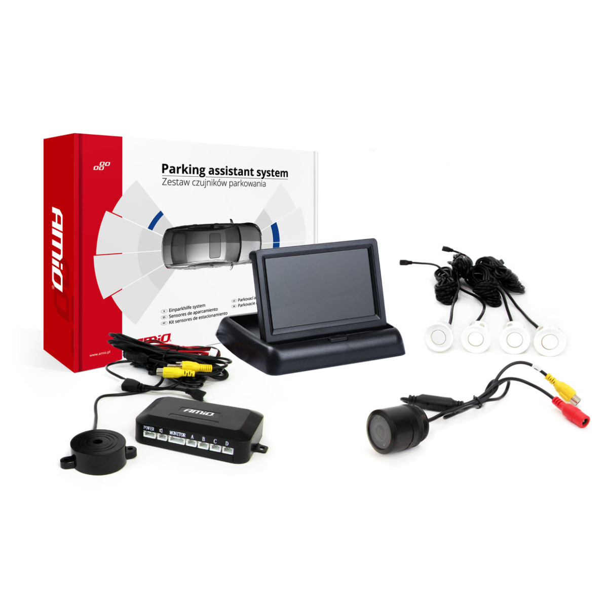 Pysäköintitutkajärjestelmä TFT02 4.3" HD-301-IR-kameralla, 4 valkoista sensoria