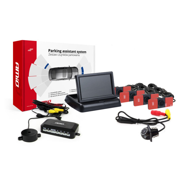 Pysäköintitutkajärjestelmä TFT02 4.3" HD-305-LED-kameralla, 4 mustaa anturia, sisäasennus