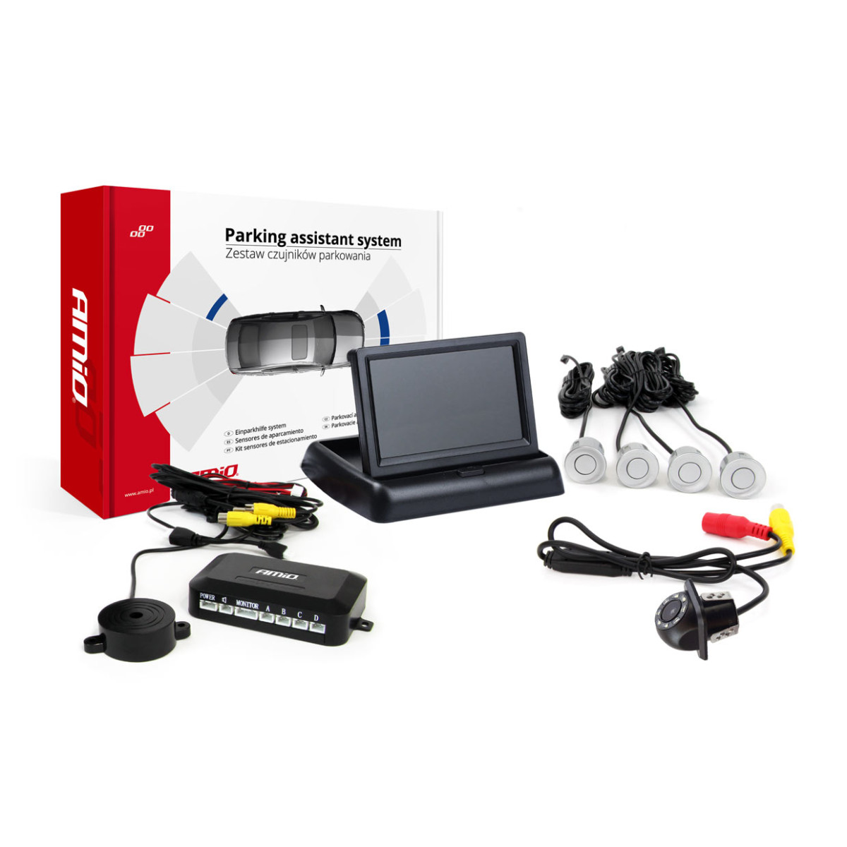 Pysäköintitutkajärjestelmä TFT02 4.3" HD-305-LED-kameralla, 4 hopeanvärisellä sensorilla