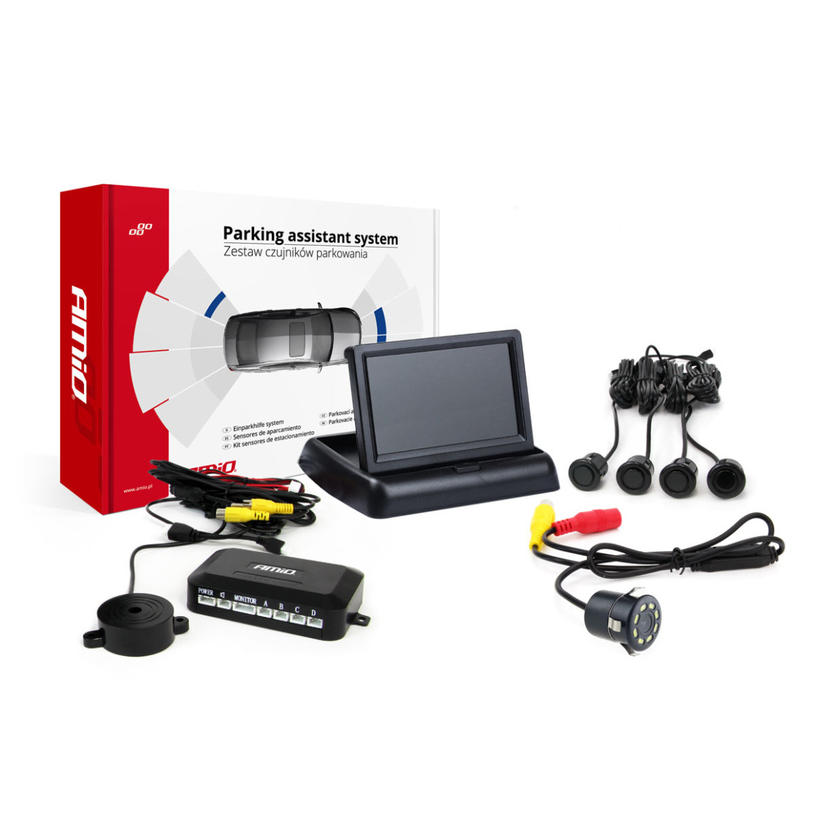 Pysäköintitutkajärjestelmä TFT02 4.3" HD-308-LED-kameralla, 4 mustalla sensorilla GOLD