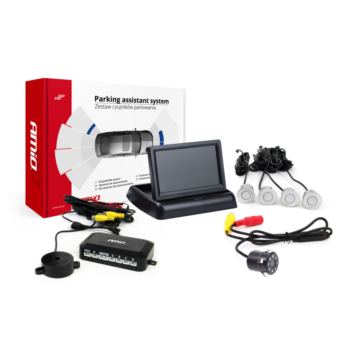 Pysäköintitutkajärjestelmä TFT02 4.3" HD-308-LED-kameralla, 4 hopeanvärisellä sensorilla