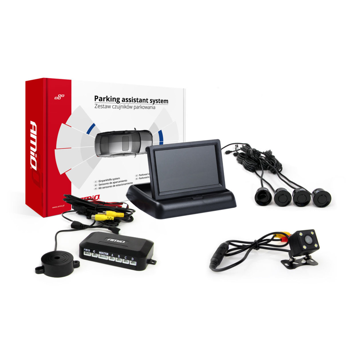 Pysäköintitutkajärjestelmä TFT02 4.3" HD-315-LED-kameralla, 4 mustalla sensorilla