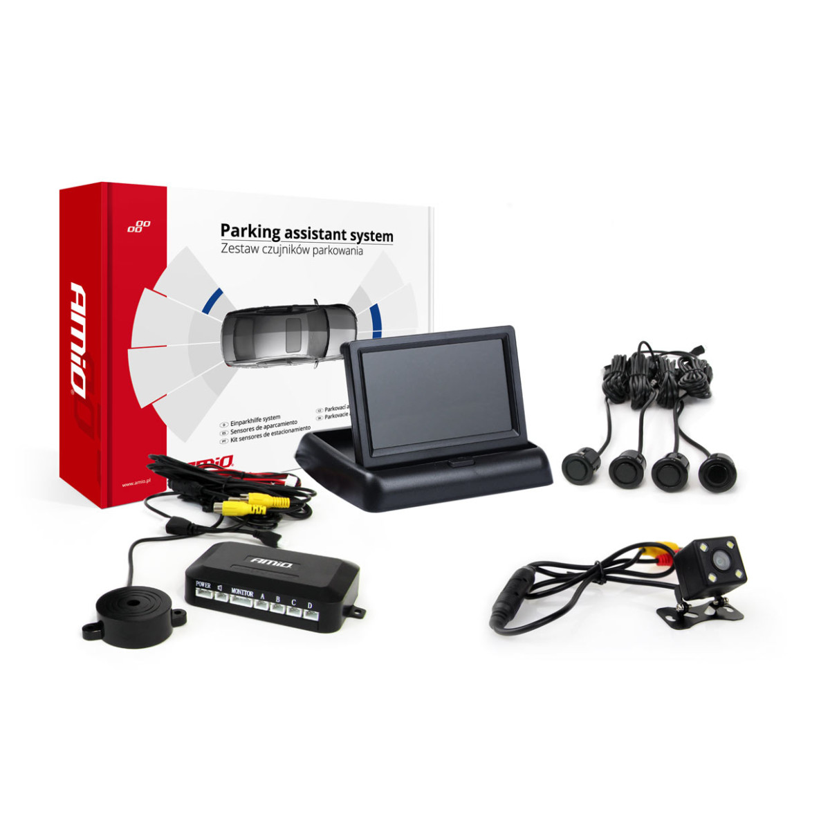 Pysäköintitutkajärjestelmä TFT02 4.3" HD-315-LED-kameralla, 4 mustalla sensorilla GOLD