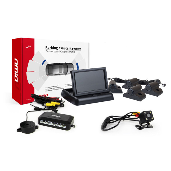 Pysäköintitutkajärjestelmä TFT02 4.3" HD-315-LED-kameralla, 4 mustalla anturilla, kuorma-autoille