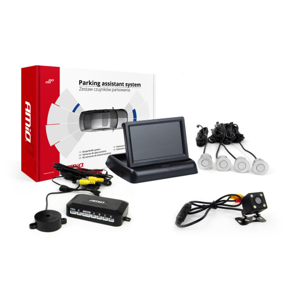 Pysäköintitutkajärjestelmä TFT02 4.3" HD-315-LED-kameralla, 4 hopeanvärisellä sensorilla