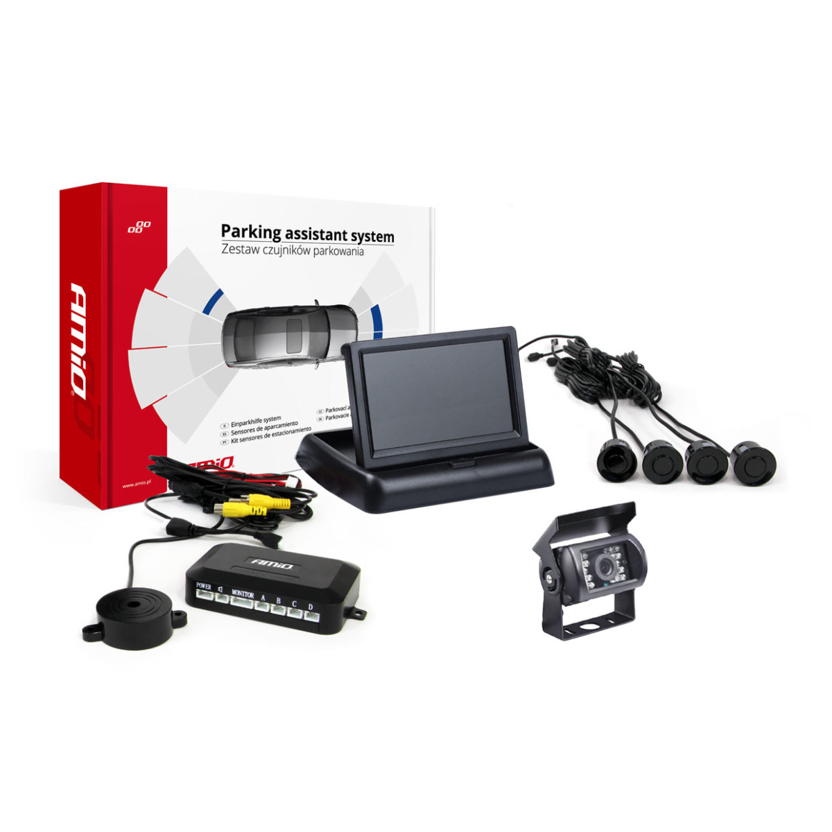 Pysäköintitutkajärjestelmä TFT02 4.3" HD-501-IR-kameralla, 4 mustalla sensorilla