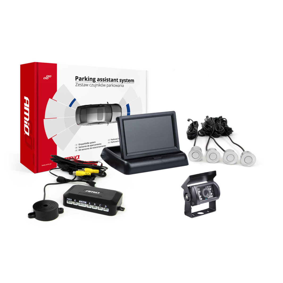 Pysäköintitutkajärjestelmä TFT02 4.3" HD-501-IR-kameralla, 4 hopeanvärisellä sensorilla