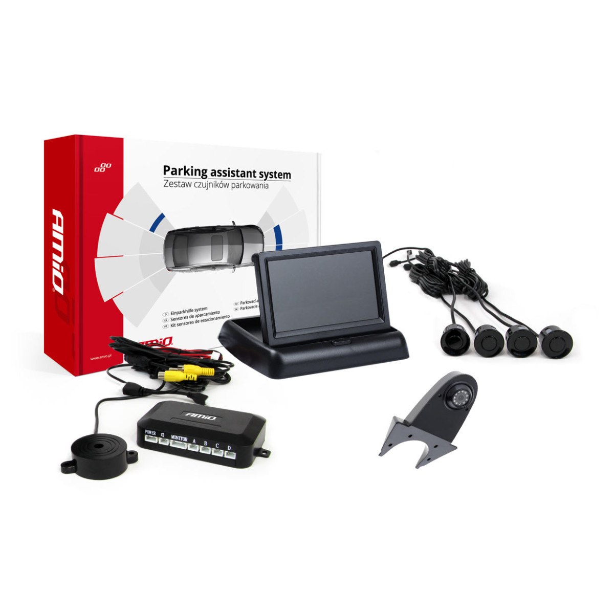 Pysäköintitutkajärjestelmä TFT02 4.3" HD-502-IR-kameralla, 4 mustalla sensorilla