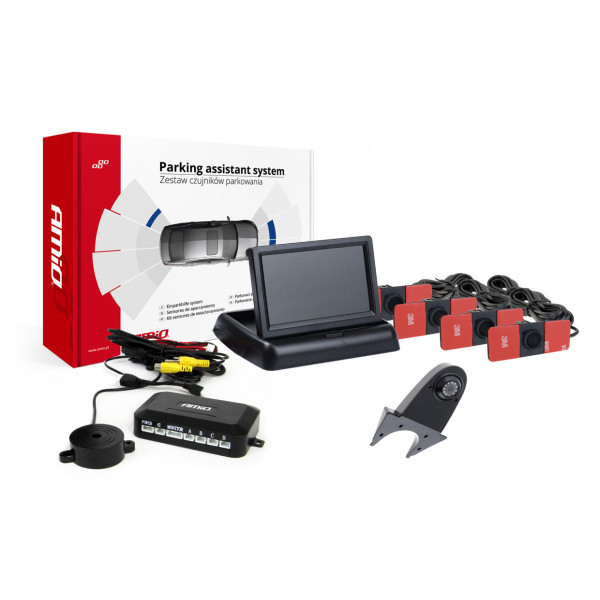 Pysäköintitutkajärjestelmä TFT02 4.3" HD-502-IR-kameralla, 4 mustaa anturia, sisäasennus