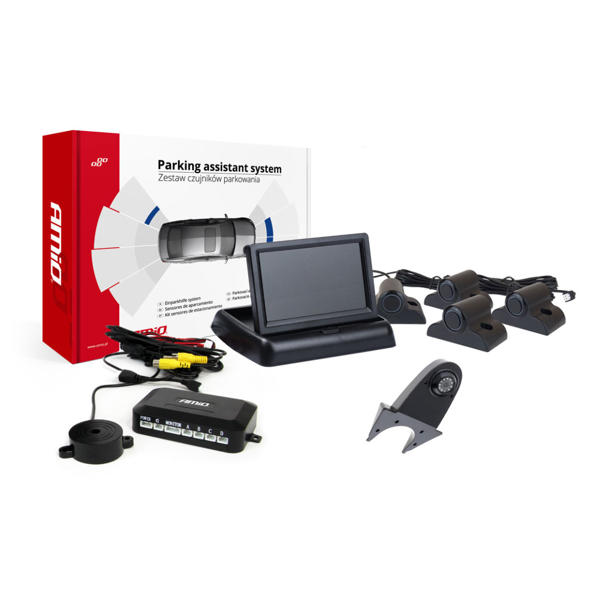 Pysäköintitutkajärjestelmä FT02 4.3" HD-502-IR-kameralla, 4 mustalla sensorilla, kuorma-autoille