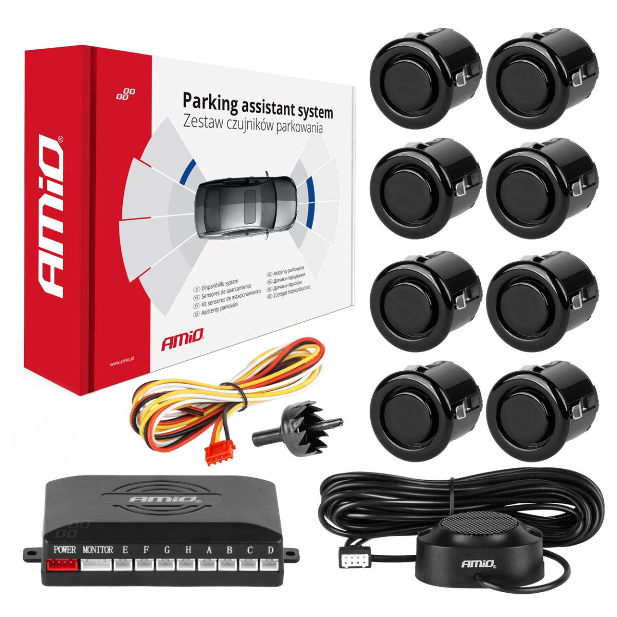 Pysäköintitutka äänimerkillä, 8 mustaa anturia GOLD 18mm AMIO-01604