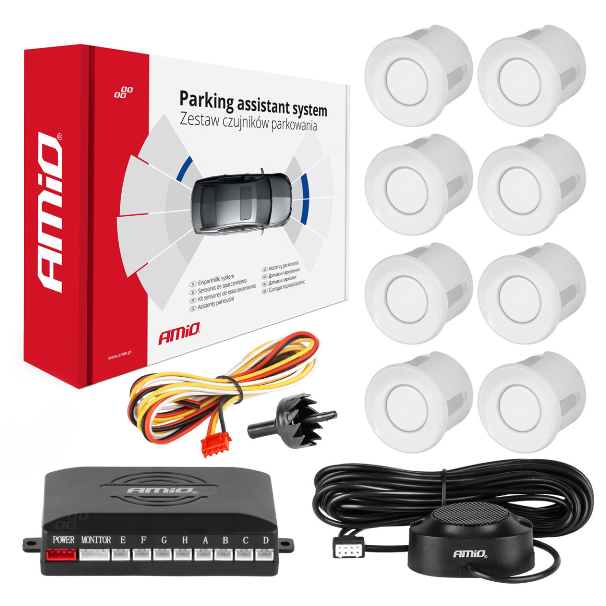 Pysäköintitutka äänimerkillä, 8 valkoista anturia 22 mm AMIO-01599