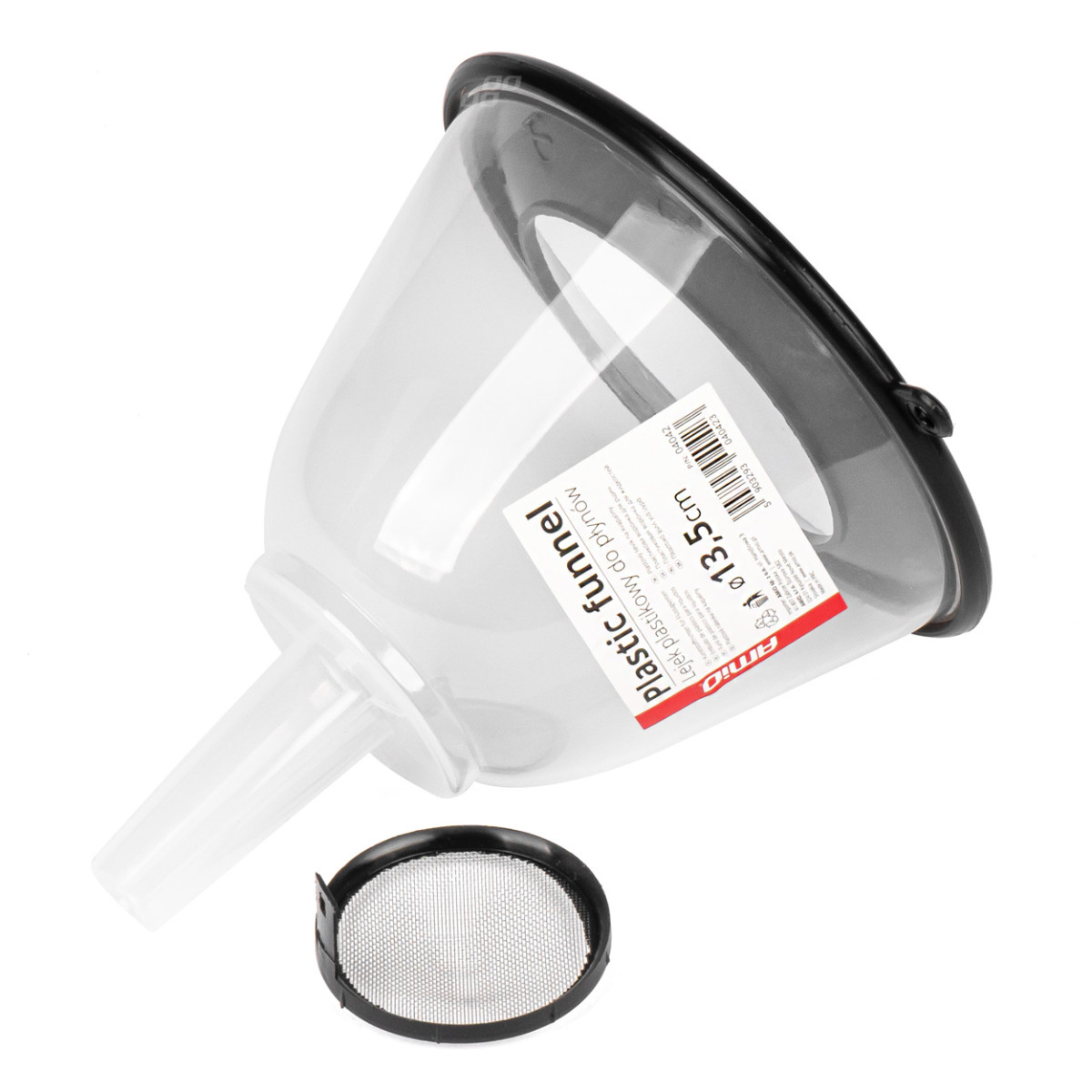 Muovinen suppilo kannella ja suodattimella 13,5 cm, AMIO-04042
