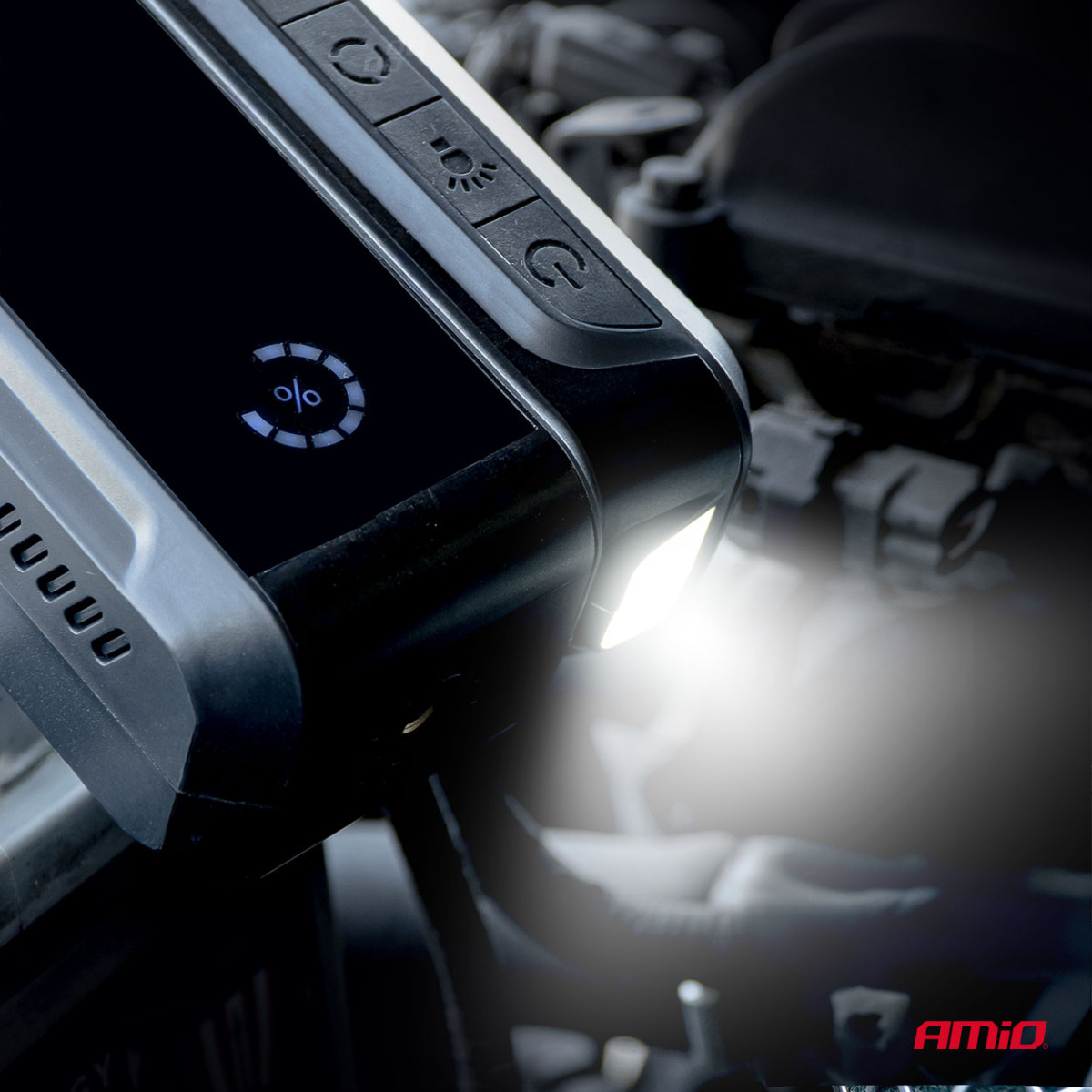 4in1 auton käynnistysapulaite kompressorilla, LED-taskulampulla ja varavirtalähteellä 12V 12Ah 1600A AMIO-04677