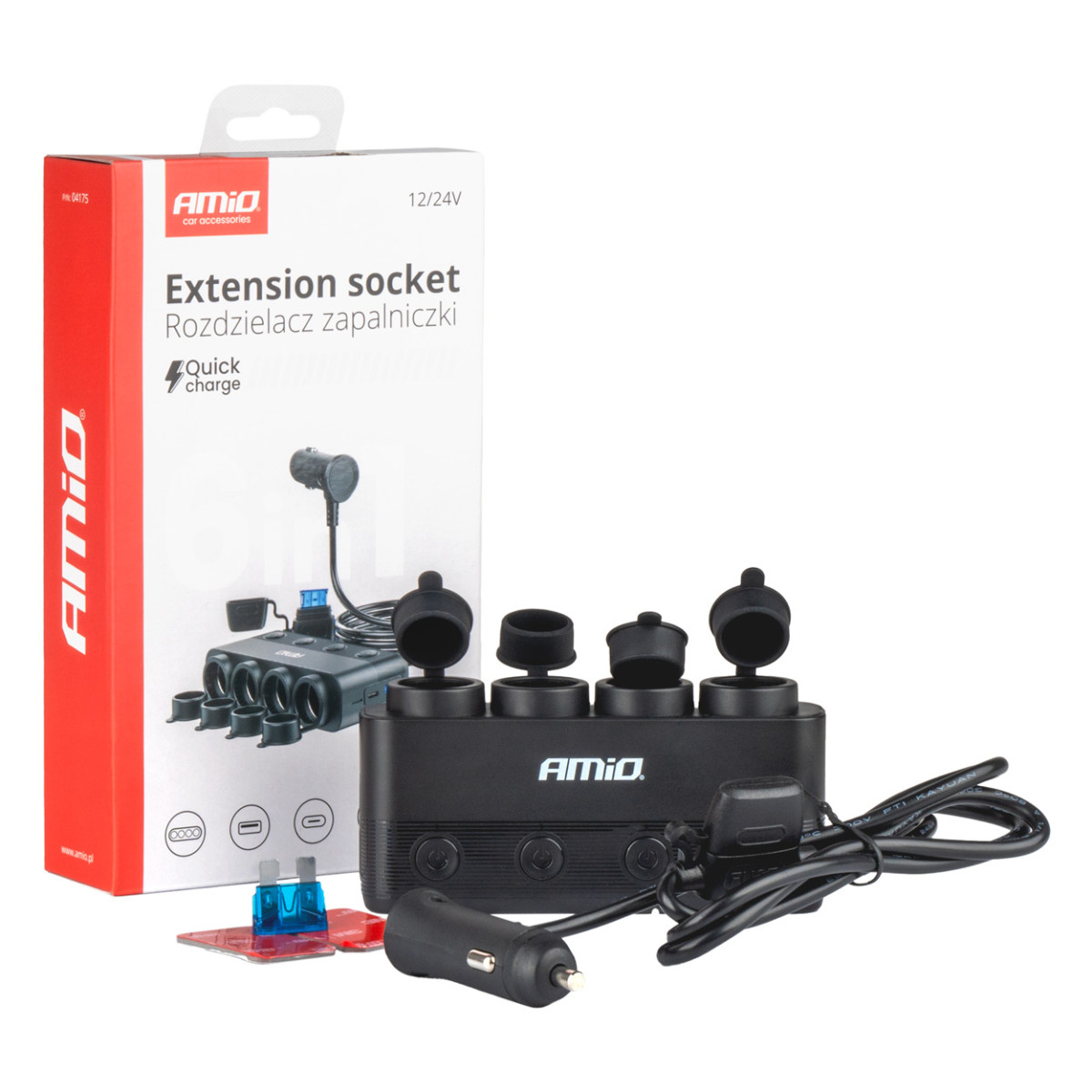 Auton 4-pistokkeen jatkojohto, jossa PD 30W ja QC3.0 12/24V, max 216W AMIO-04175