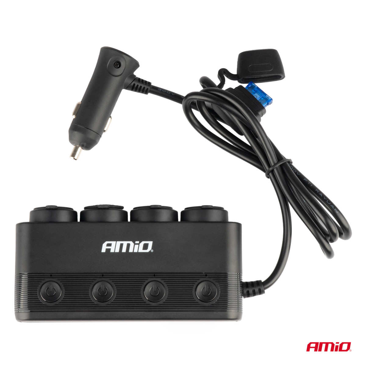 Auton 4-pistokkeen jatkojohto, jossa PD 30W ja QC3.0 12/24V, max 216W AMIO-04175