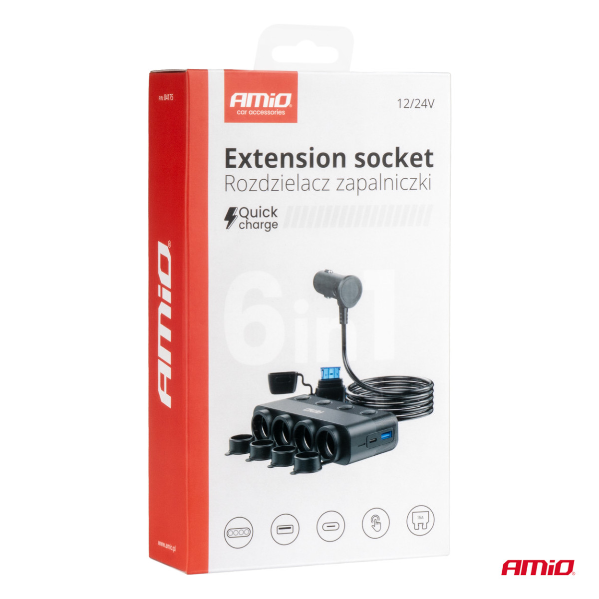 Auton 4-pistokkeen jatkojohto, jossa PD 30W ja QC3.0 12/24V, max 216W AMIO-04175