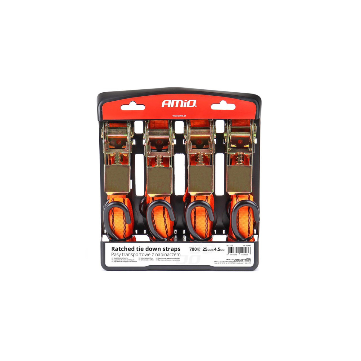 Kiinnitysvyösarja kiristimellä 700 kg, 25 mm × 4,5 m, 4 kpl, BELT-03 AMIO-02496