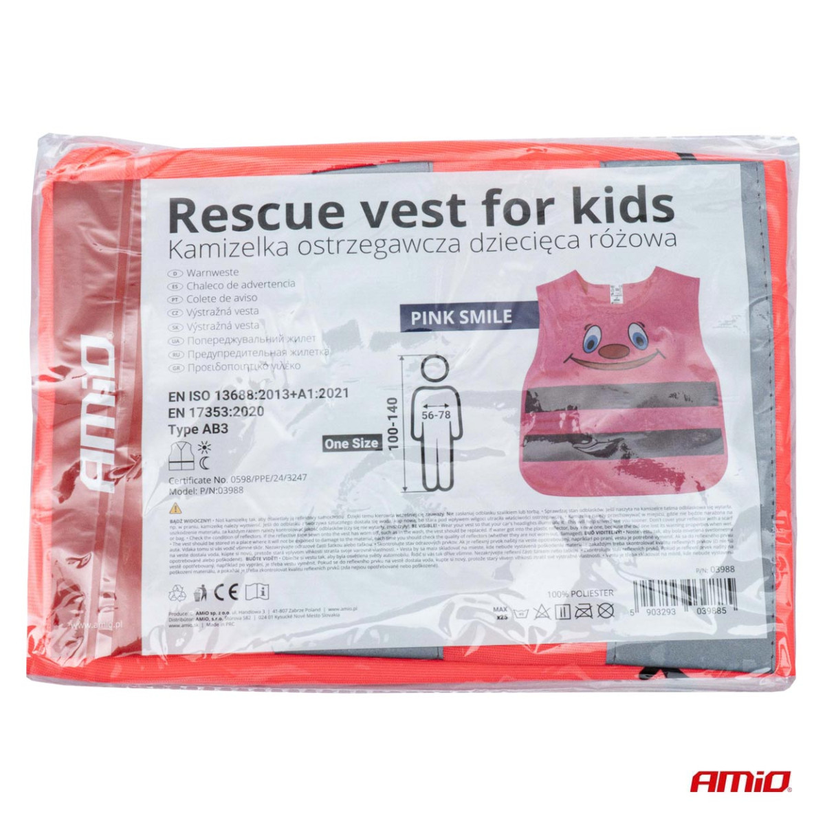 Lasten heijastinliivi SMILE, pinkki AMIO-03988