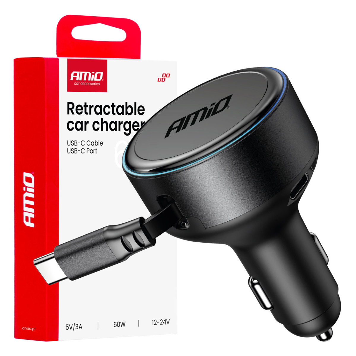 Autolaturi sisäänvedettävällä C-kaapelilla ja USB-C 12/24V 60W AMIO-04368