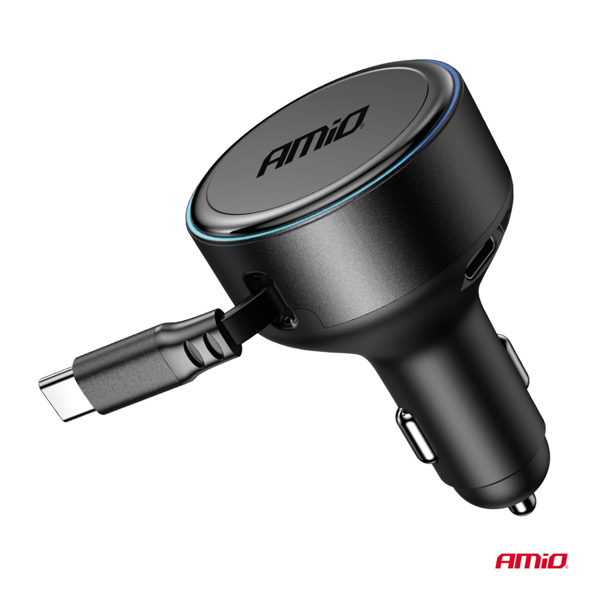 Autolaturi sisäänvedettävällä C-kaapelilla ja USB-C 12/24V 60W AMIO-04368