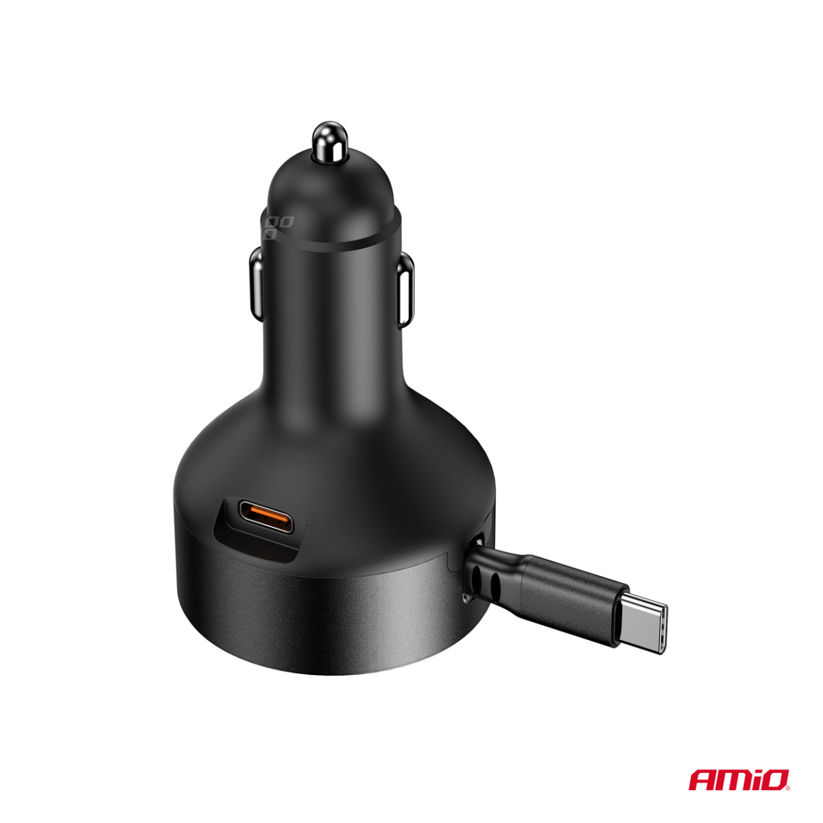 Autolaturi sisäänvedettävällä C-kaapelilla ja USB-C 12/24V 60W AMIO-04368