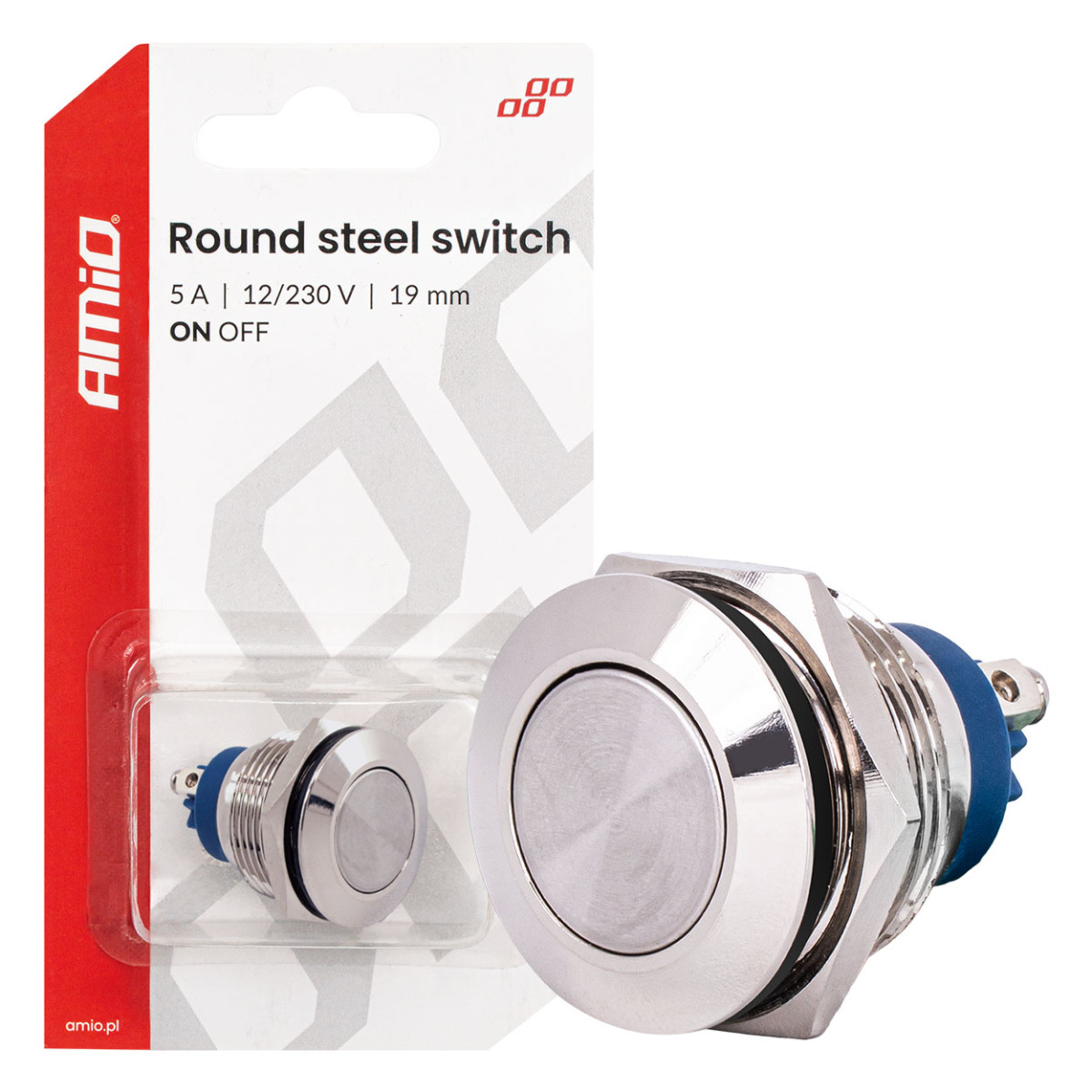 Pyöreä metallinen kytkin ON/OFF 19 mm, 5 A, 12/230 V AMIO-04474