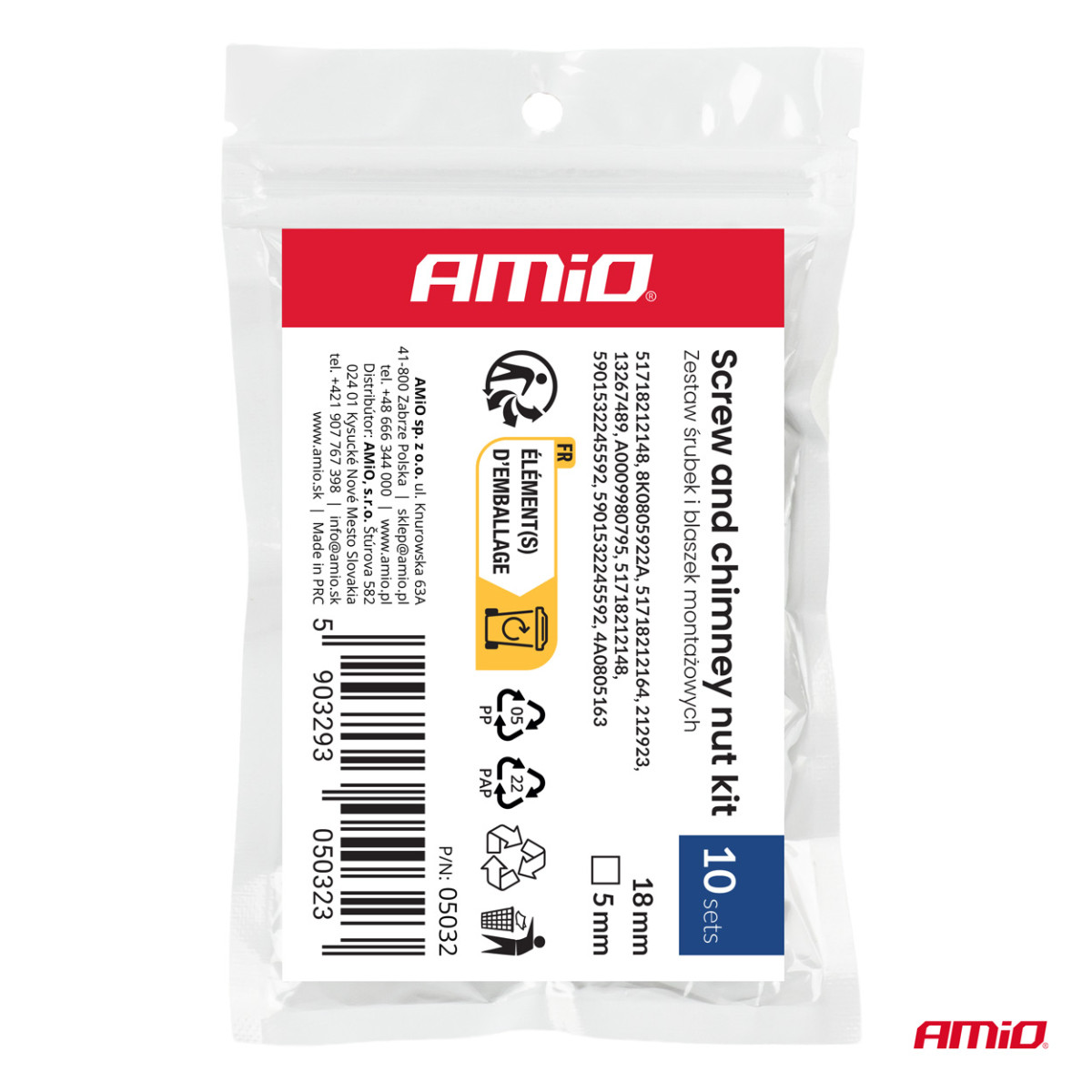 Ruuvi- ja kiinnikeklipsisarja 18 mm, Ø 5 mm, 10 sarjaa, AMIO-05032