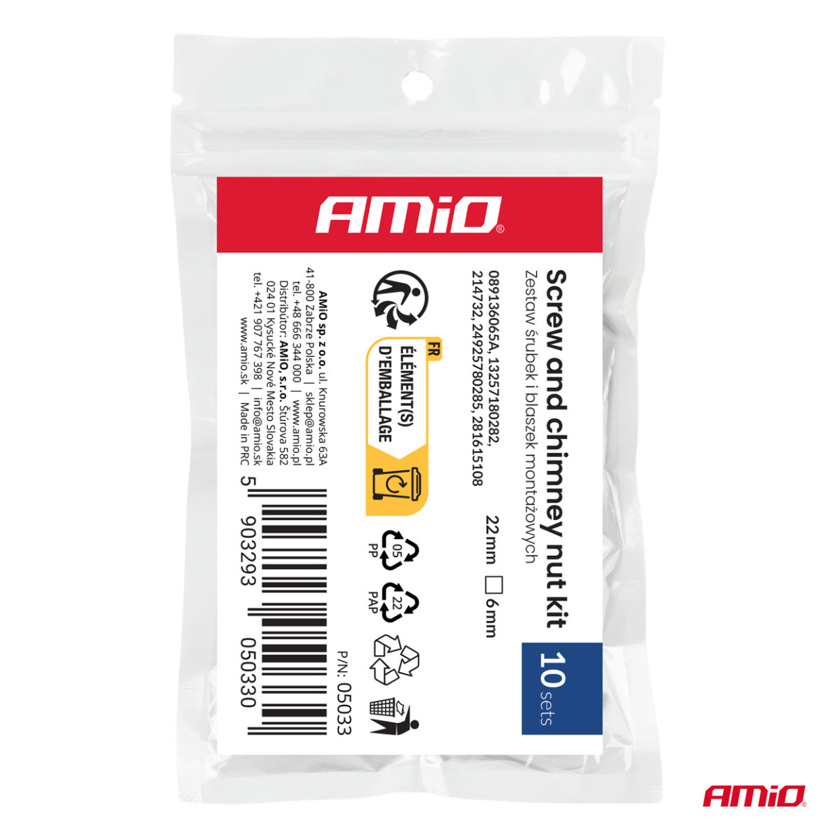 Ruuvi- ja kiinnikeklipsisarja 22 mm, Ø 6 mm, 10 sarjaa, AMIO-05033