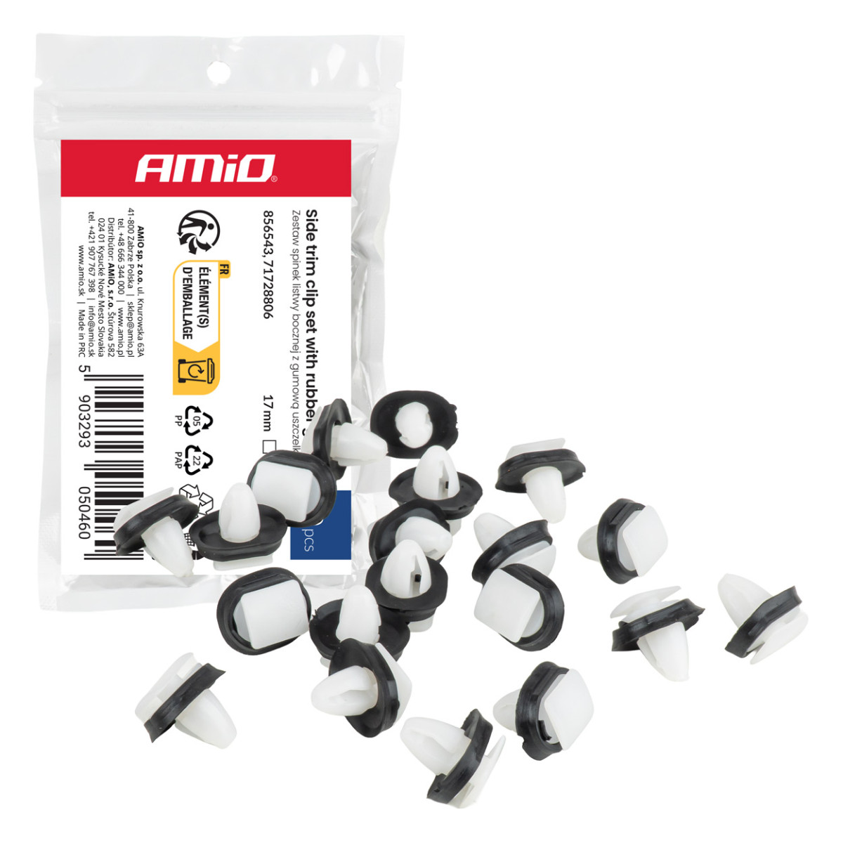 Sivulistojen klipsisarja kumitiivisteellä Ø 8 mm, 17 mm, 20 kpl, AMIO-05046