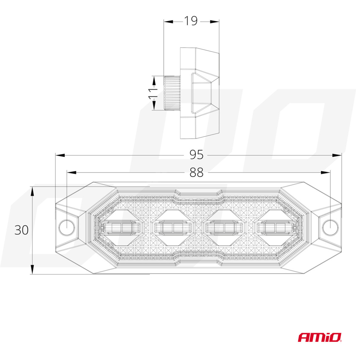Litteä LED-varoitusvilkkuvalo, oranssi, 4x3W, R65 R10, 12V/24V, IP6K9K AMIO-03929