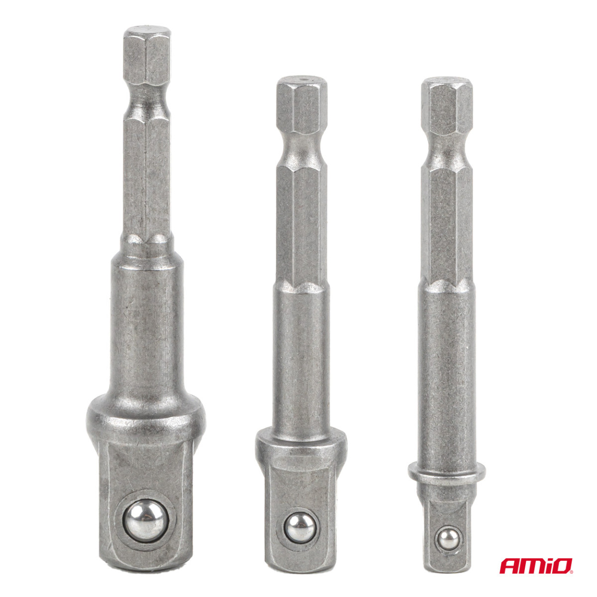 Ruuvimeisselin hylsysovitinsarja, 1/4" HEX, 1/4" / 3/8" / 1/2", 3 kpl, AMIO-04933