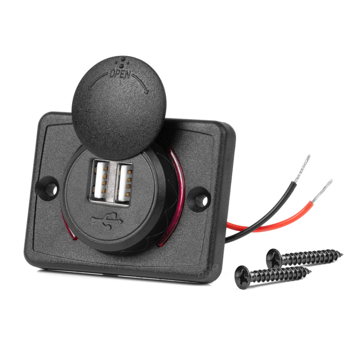 Neliönmuotoinen vedenpitävä puhelimen laturi punaisella LED-valaistuksella, 2xUSB 12/24V AMIO-04230