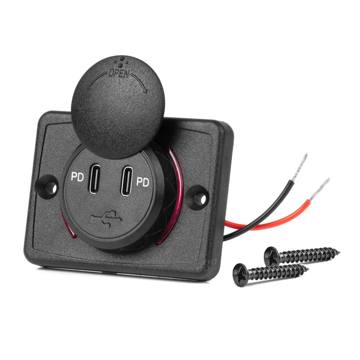 Neliönmuotoinen vedenpitävä puhelimen laturi punaisella LED-valaistuksella, 2x USB-C, 12/24V – AMIO-04232