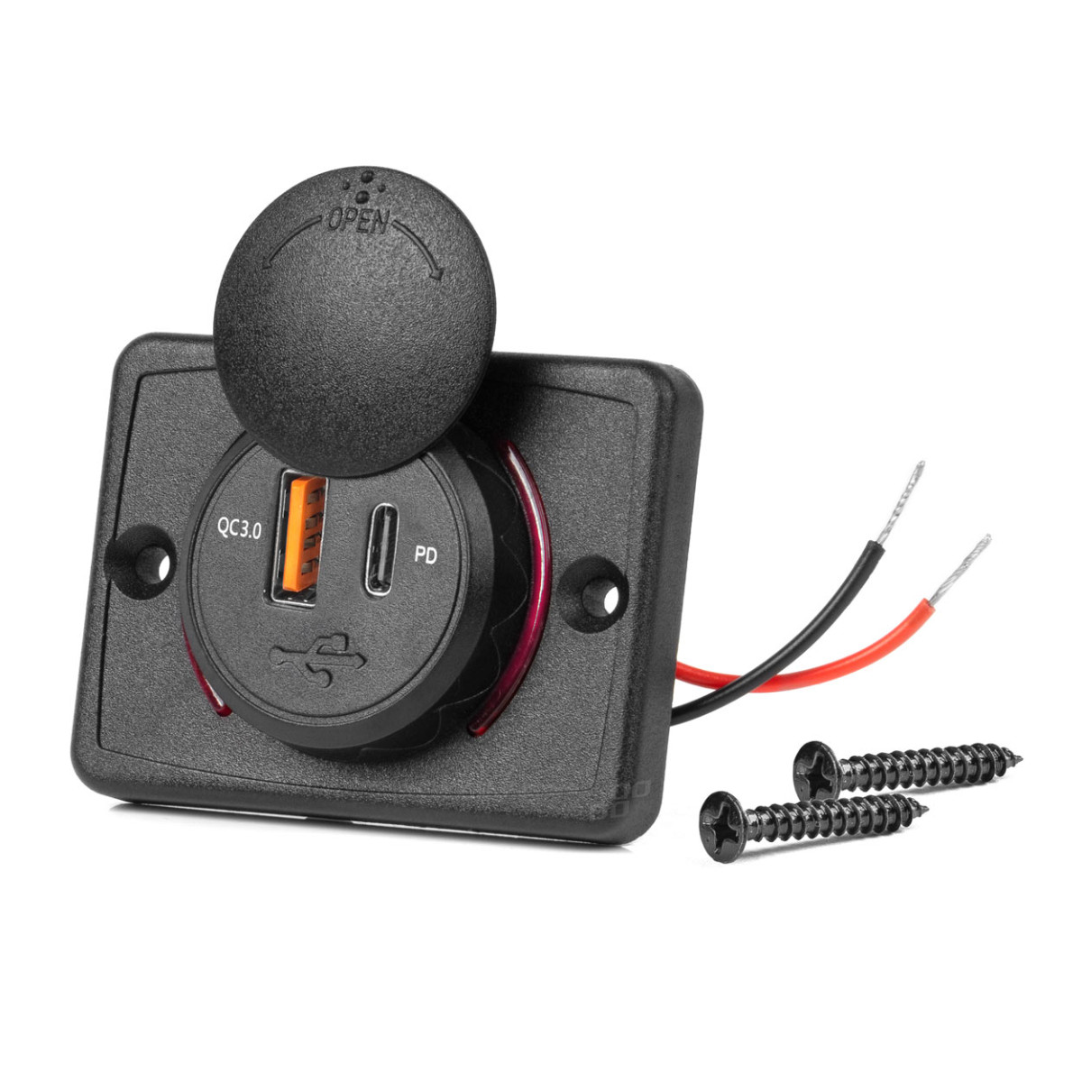 Neliönmuotoinen vedenpitävä puhelimen laturi punaisella LED-valolla, USB + USB C QC3.0 12/24V