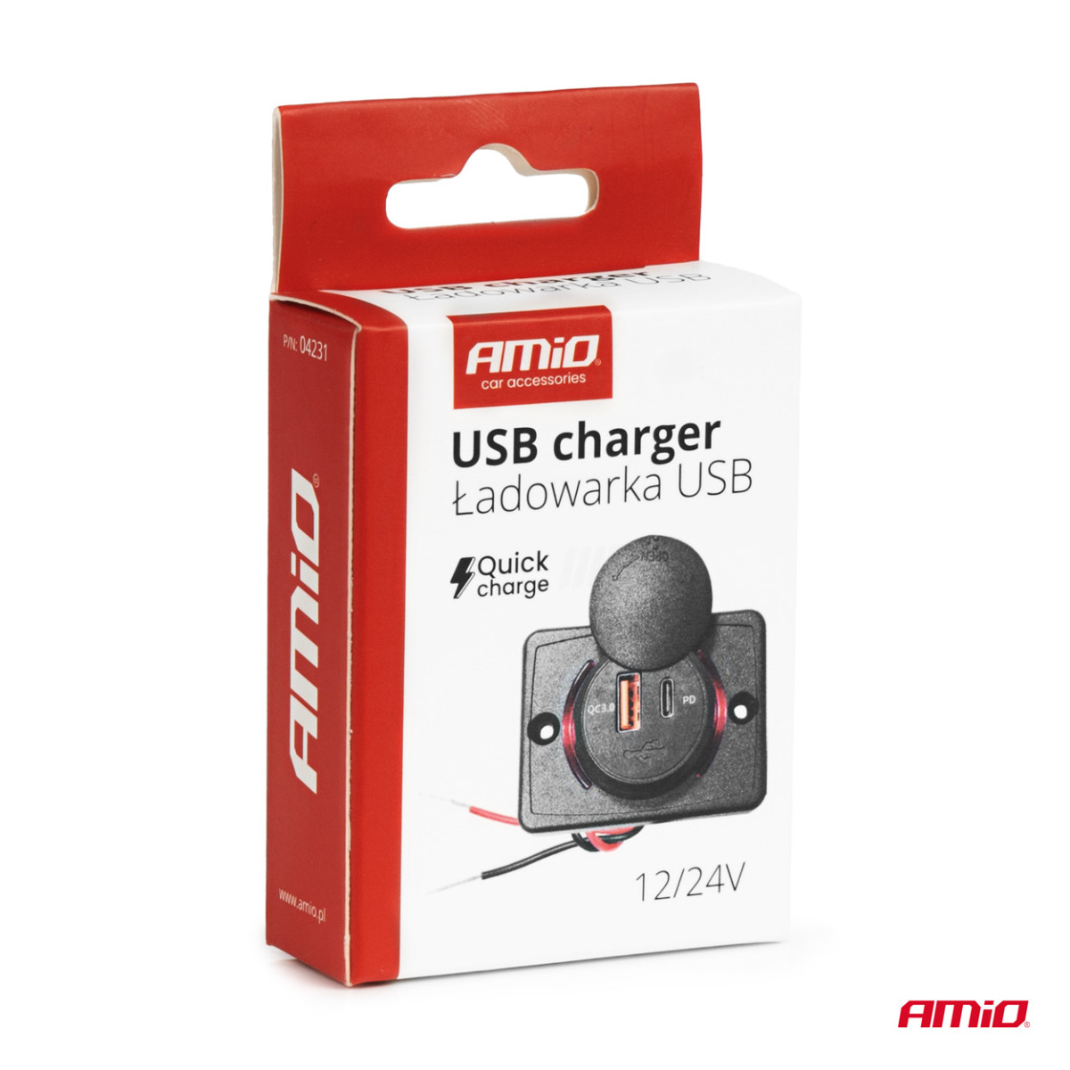 Neliönmuotoinen vedenpitävä puhelimen laturi punaisella LED-valolla, USB + USB C QC3.0 12/24V