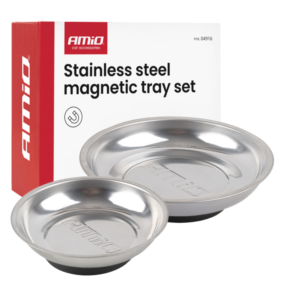 Ruostumattomasta teräksestä valmistettu magneettitarjotinsetti, 110 ja 150 mm AMIO-04916