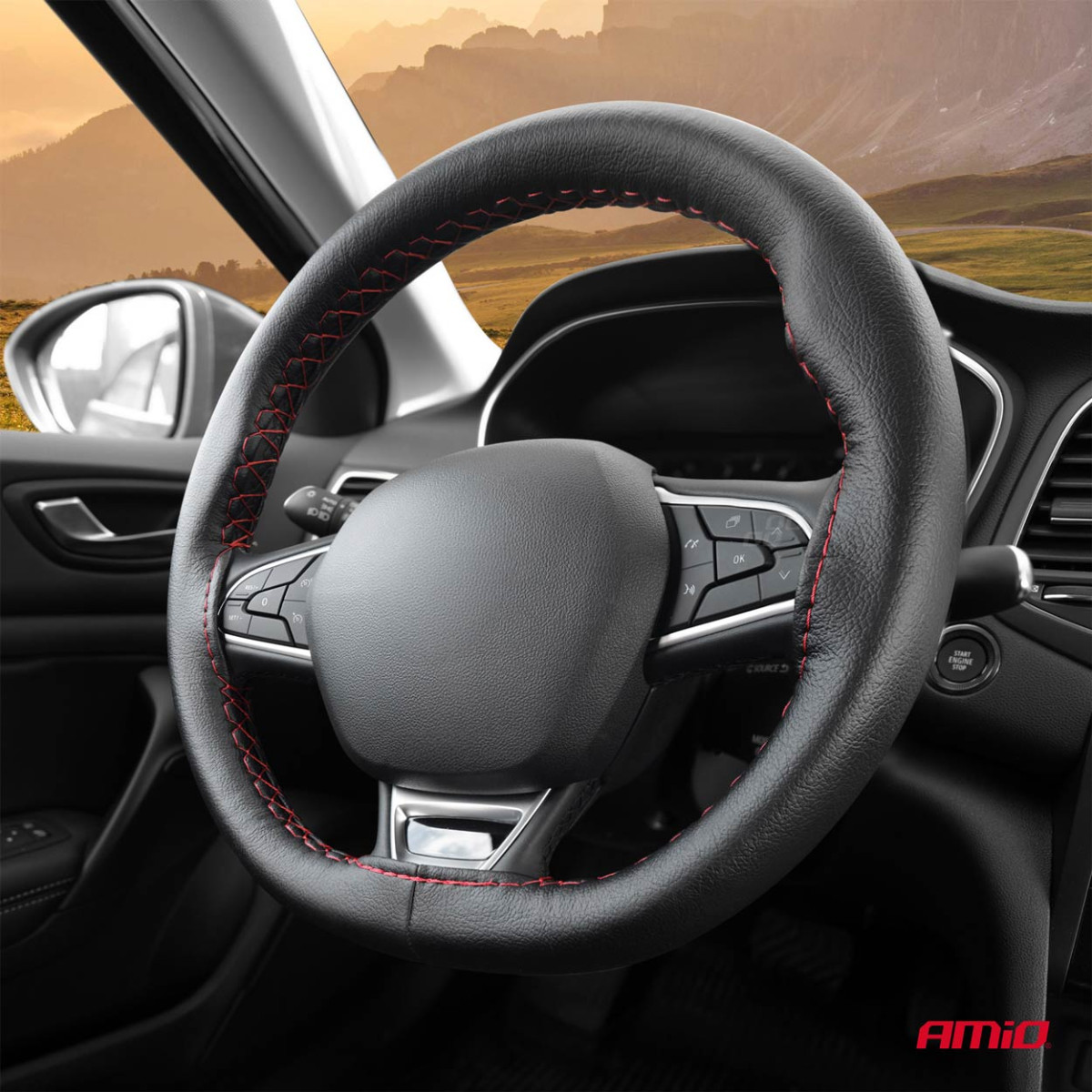 Ohjauspyörän suojus neulalla ja langalla 38-39 cm - mustat/punaiset ompeleet