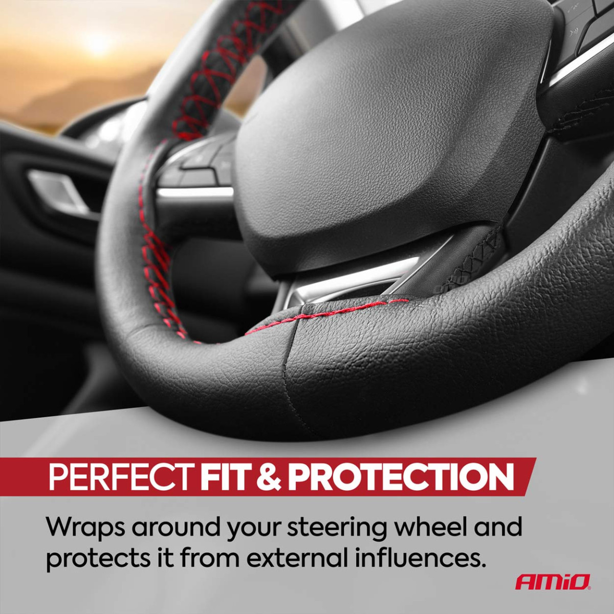 Ohjauspyörän suojus neulalla ja langalla 38-39 cm - mustat/punaiset ompeleet