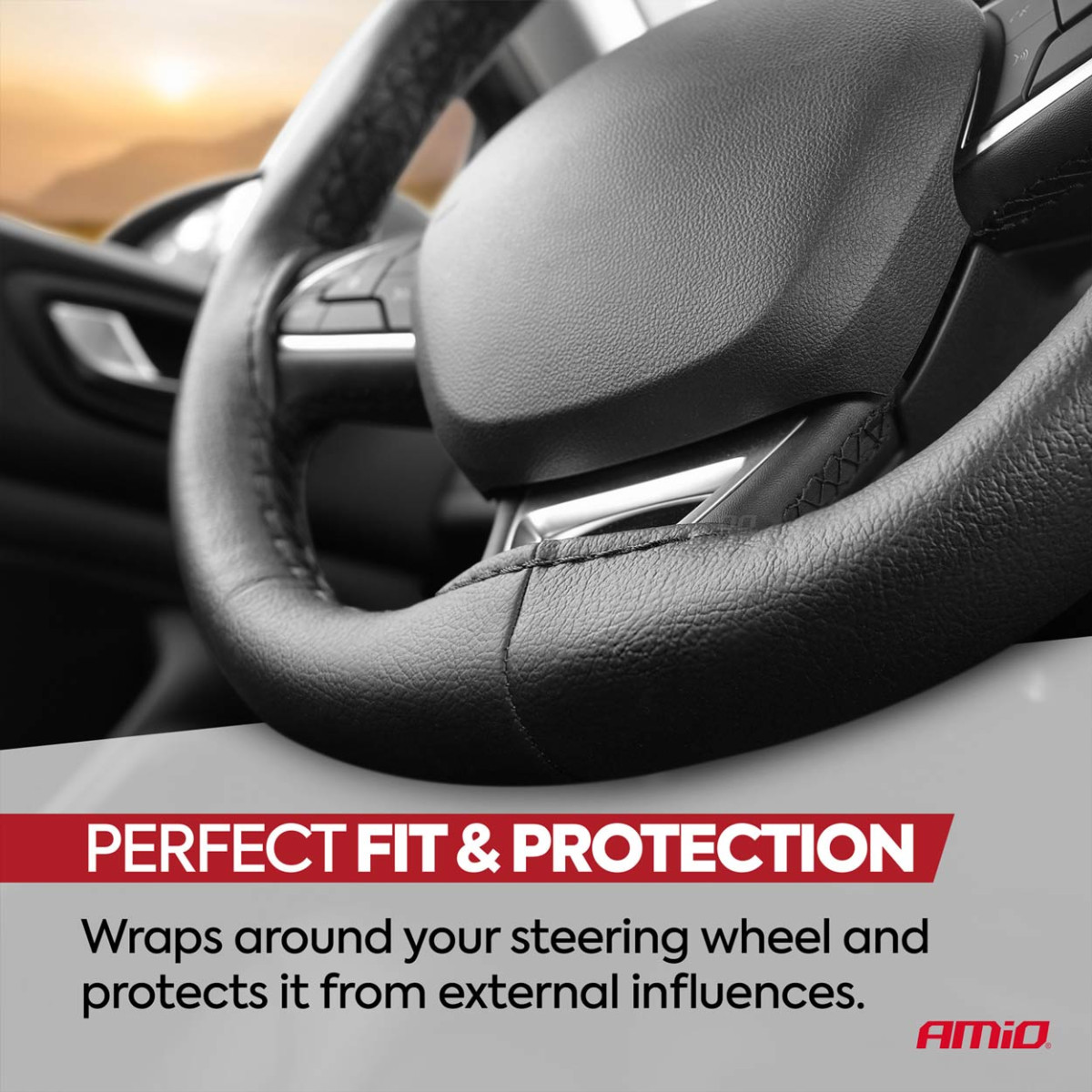 Ohjauspyörän suojus neulalla ja langalla 38-39 cm - musta / mustat tikkaukset