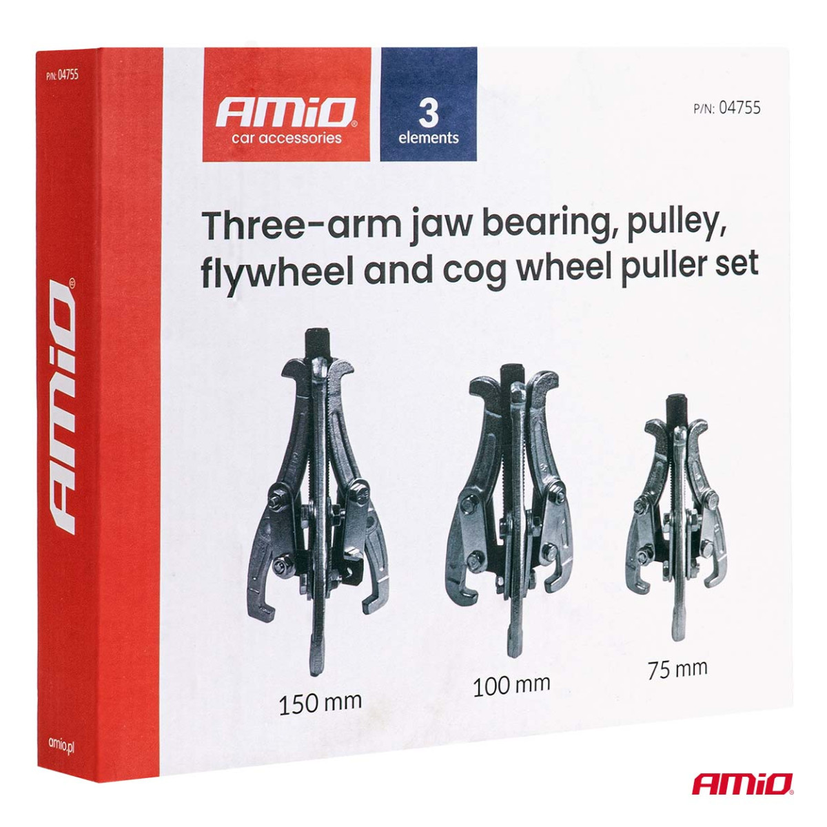 Kolmikätiseen käyttöön tarkoitettu laakeri-, hihnapyörä-, vauhtipyörä- ja hammaspyöräulosvetäjäsarja AMIO-04755