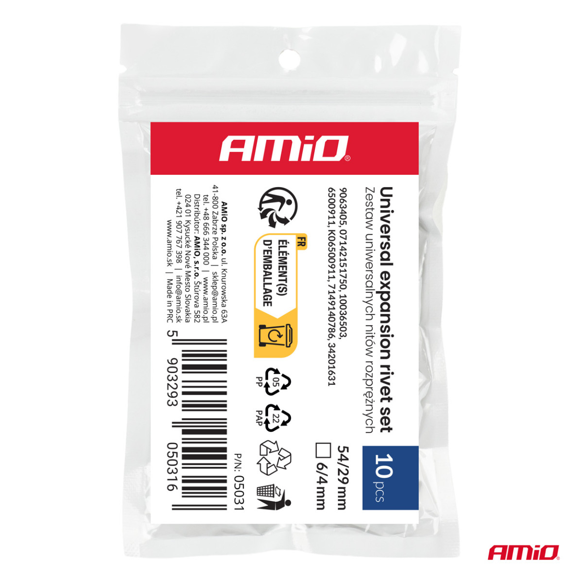 Yleiskäyttöinen levitysniittisarja 54/29 mm, Ø 6/4 mm, 10 kpl, AMIO-05031