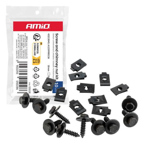 Yleiskäyttöinen ruuvi- ja kiinnikeklipsisarja 18 mm, Ø 5 mm, 10 sarjaa, AMIO-05028