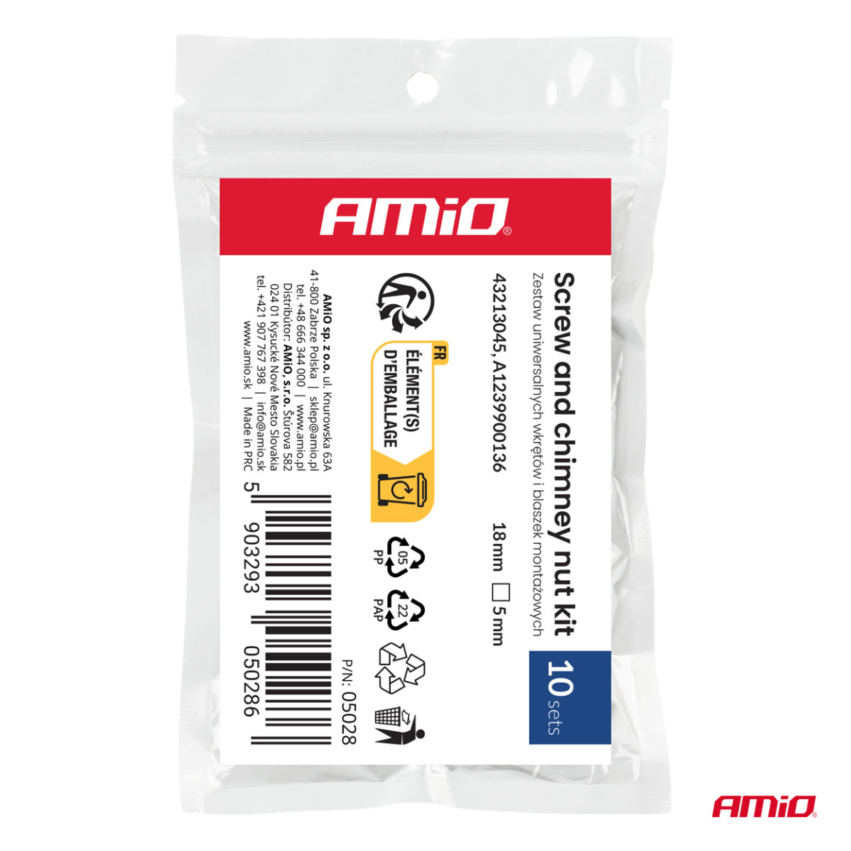 Yleiskäyttöinen ruuvi- ja kiinnikeklipsisarja 18 mm, Ø 5 mm, 10 sarjaa, AMIO-05028