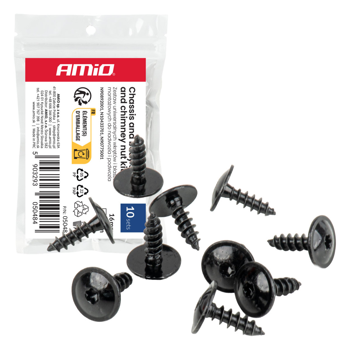 Yleiskäyttöinen ruuvi- ja kiinnikeklipsisarja koriin ja alustaan 16 mm, Ø 5 mm, 10 sarjaa, AMIO-05048